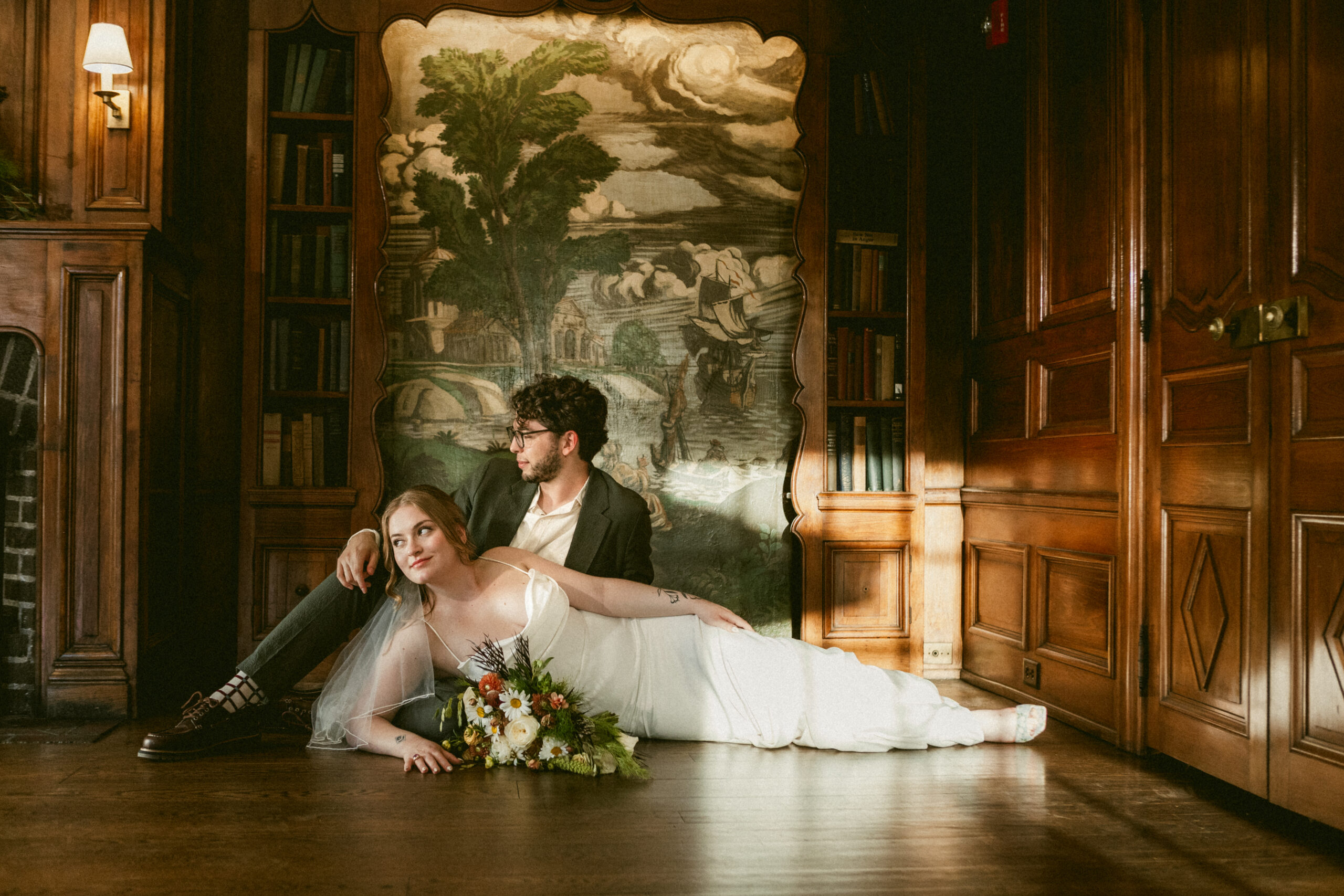 An intimate wedding at Skyline Club in Chicago. Noah and Rachel share a quiet moment on the rooftop overlooking the city skyline, followed by candid moments with loved ones inside the venue, capturing a nostalgic and connection-focused celebration.